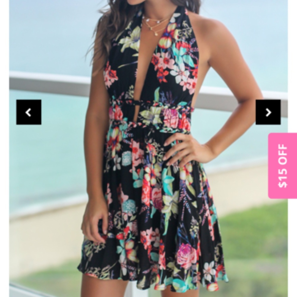 Black Floral Halter Neck Short Dress